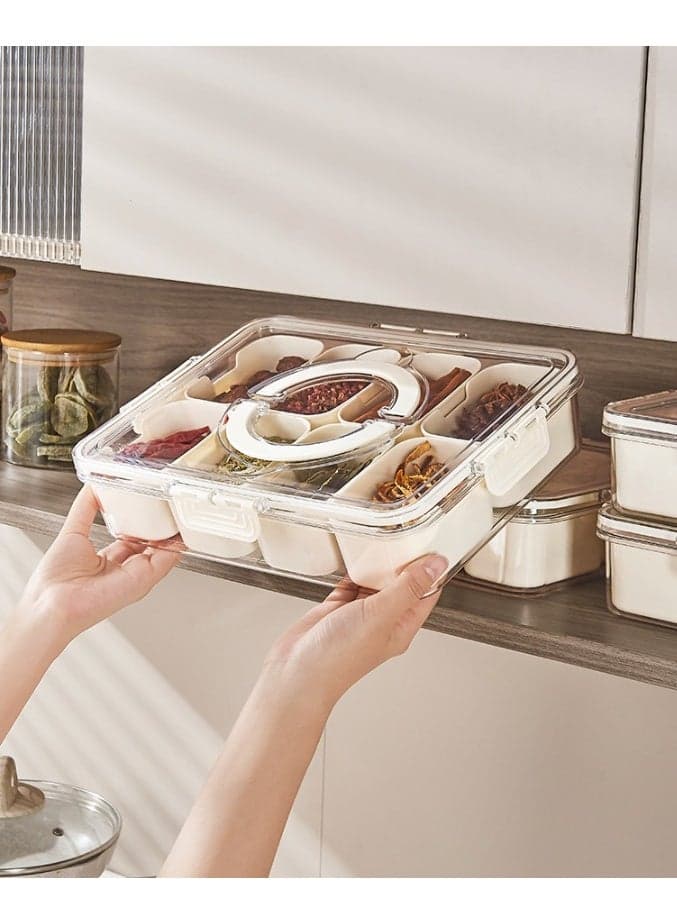 8-Compartment Cream White Spice Organizer | Food-Grade PET+PP With Silicone Seal | Hand-Carry Kitchen Storage | Transparent Visible Design | For Salt/Sugar/Spices | Moisture-Proof & Odor-Resistant | Modern Home Essential