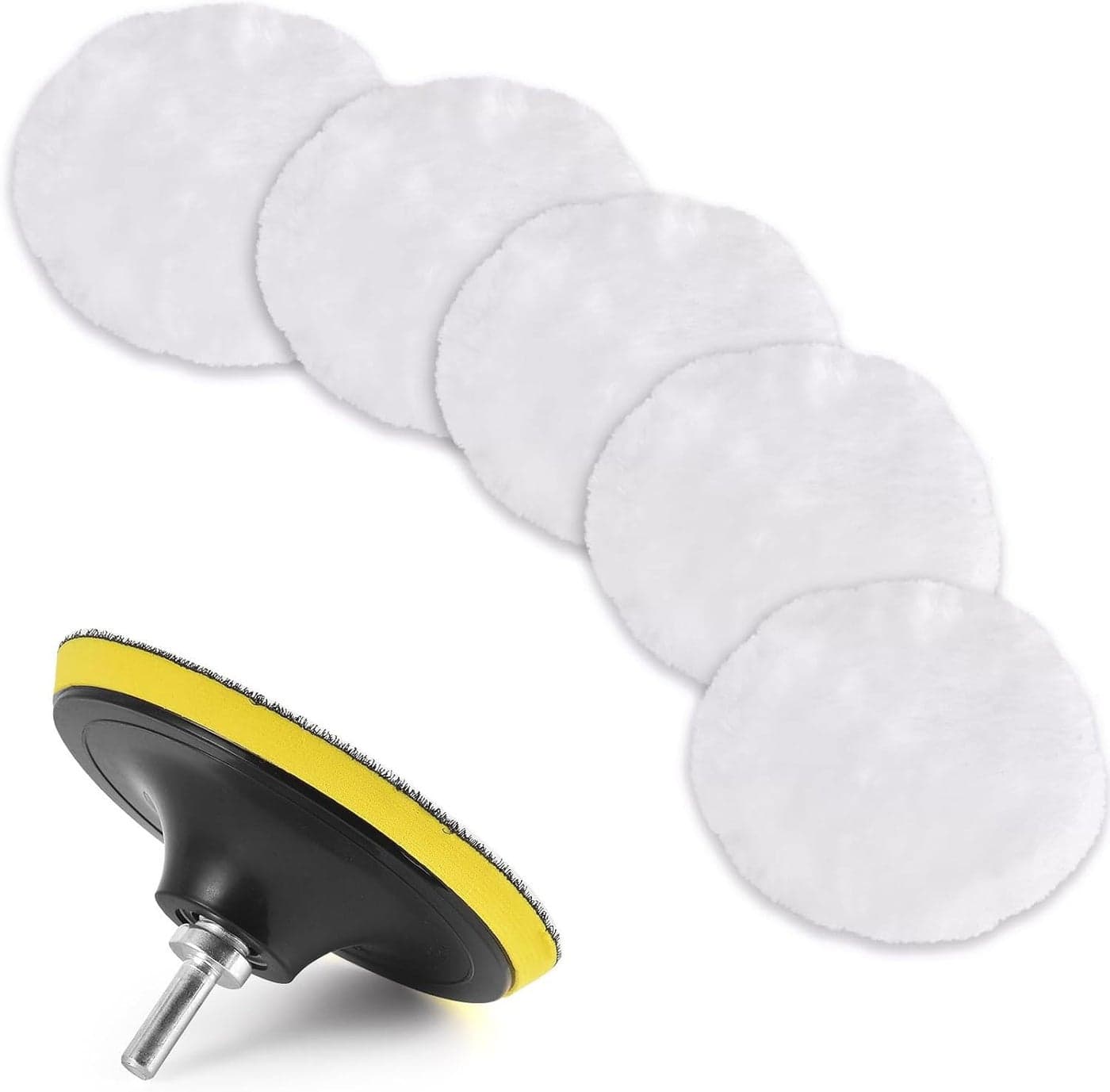 Massmot 7 Pcs 3 Inch Wool Buffing Pads, Soft Faux Wool, Replacement Car Polishing Pad for Scratches with M10 Drill Adapter, Oxidation, (5 x Polishing Pads, 1 x Backing Pad, 1 x M10)
