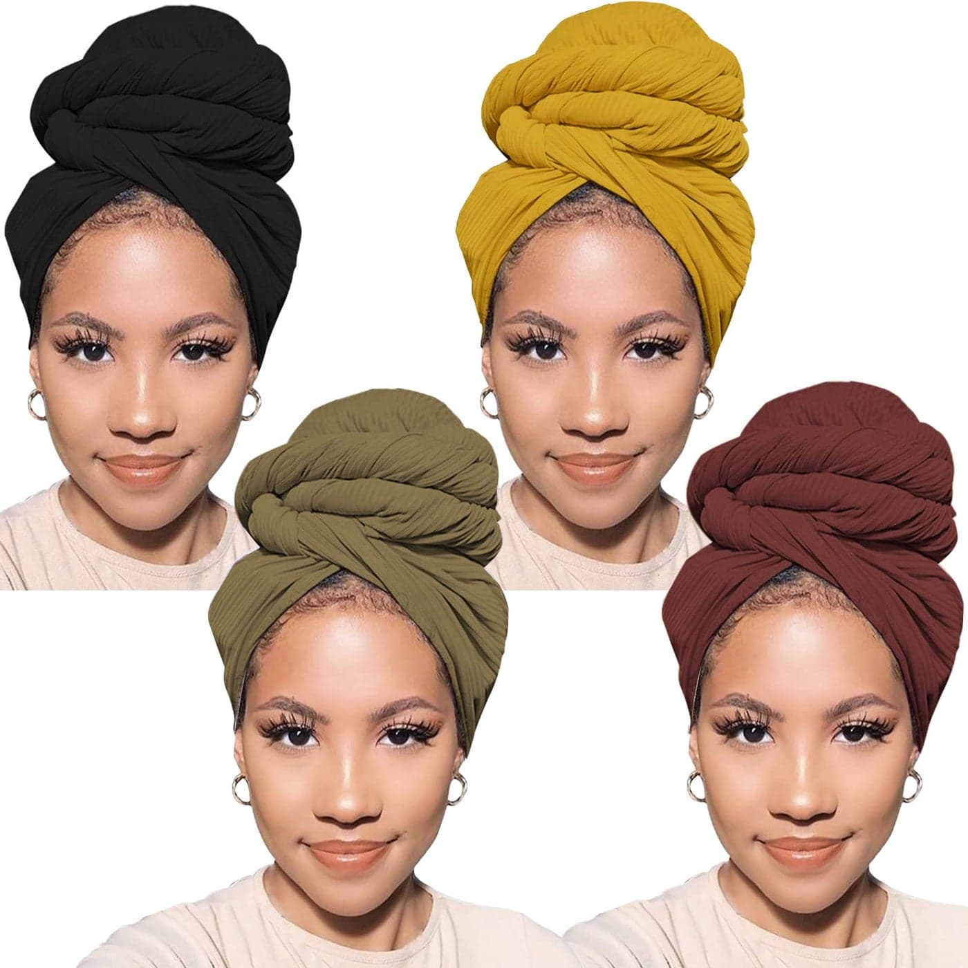 PWEOUKE 4 Pcs Head Wraps for Women Solid Color Soft African Head Scarf for Hair Jersey Turban Long Breathable Head Band Tie for Woman