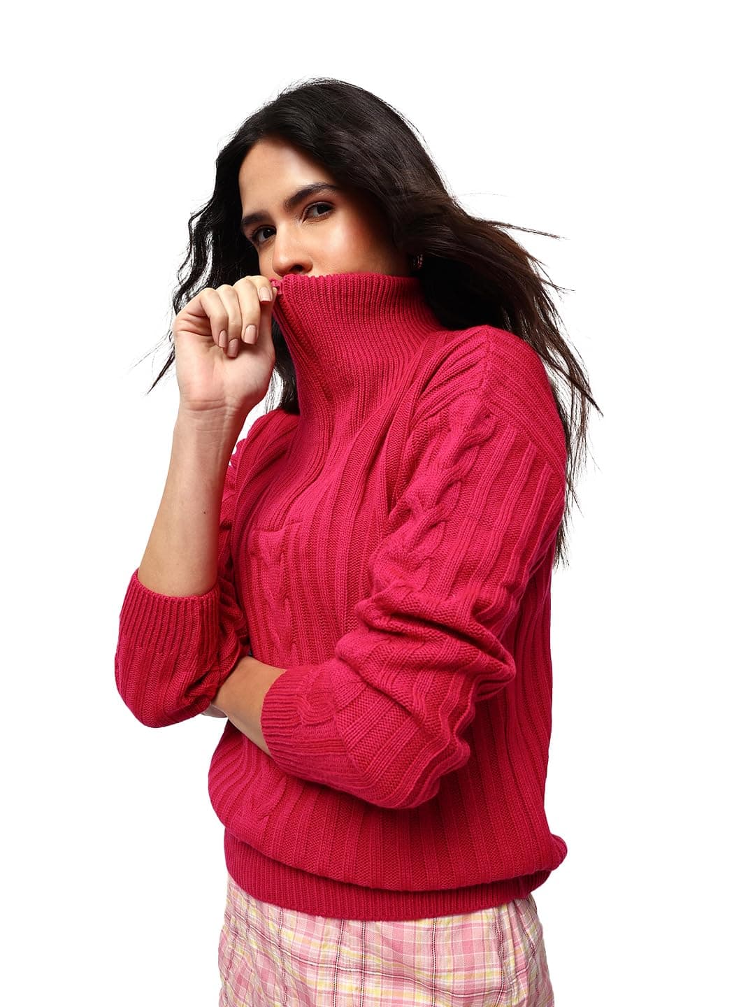 High Star Pink Acrylic Self Design Long Sleeves Mock Collar Sweaters_HSWSWW23009_FS_S