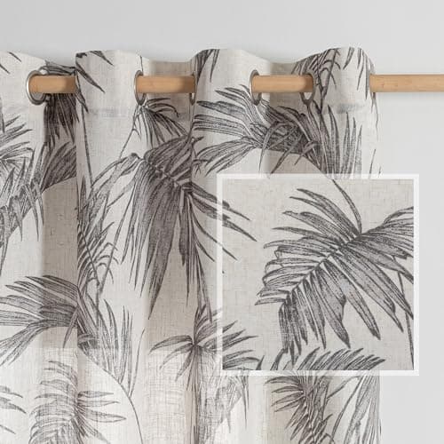 MYSKY HOME Bedroom Linen Curtains Semi Sheer 63 inch length 2 panels for Kitchen Small Window Kids Room Decor Hawaiian Style Tropical Palm Leaves Plant Pattern Light Soften Privacy Drapes, Brown, 2Pcs