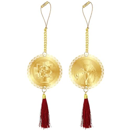 Diviniti 24K Gold Plated Double Sided Sai Baba and Yantra Car Hanging Sai Baba Dangler Interior Decor Luxurious Gold Plated Hangings Divine Car Accessories for Positive Energy Protection
