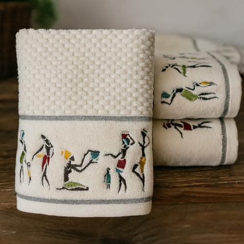 SENSES By Riba Cotton Embroidered Towel Set, 550 GSM Soft & Absorbent, Antimicrobial, Oeko-Tex Certified | Ideal for Home & Gifting, Pack of 4 (2 Bath 27"X50" + 2 Hand Towels 16"X26") - Style 9
