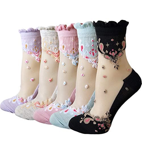 DXYAKY 5 Pairs Womens Candy Sheer Mesh Socks, Transparent Floral Lace Socks for Ladies Ankle Ruffle Fishnet Summer Stockings