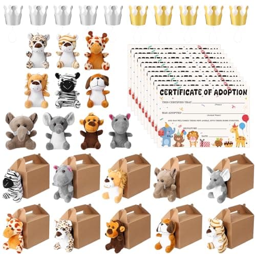 Guiqulai 40Pcs Adopt A Pet Party Favors Mini Stuffed Animals Plush Toy Set Includes 10Pcs Safari Jungle Animal Plush Toys Birthday Hats Kraft Paper Boxes Adoption Cards for Adopt A Animal Party