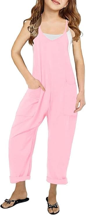 LNKQA Girl's Casual Sleeveless Jumpsuits Spaghetti Straps Harem Long Overalls With Pockets (Pink,7-8 Years)