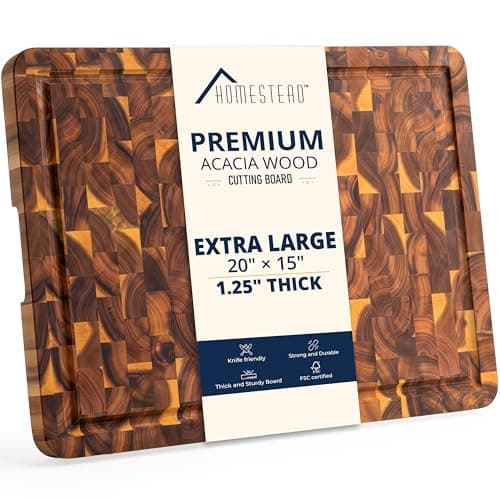 HOMESTEAD End Grain Acacia Wood Cutting Board for Kitchen 20x15x1.25 in, Large Butcher Block Chopping Board for Meat Vegetables with Juice Groove, Handles and Knife-Friendly Surface