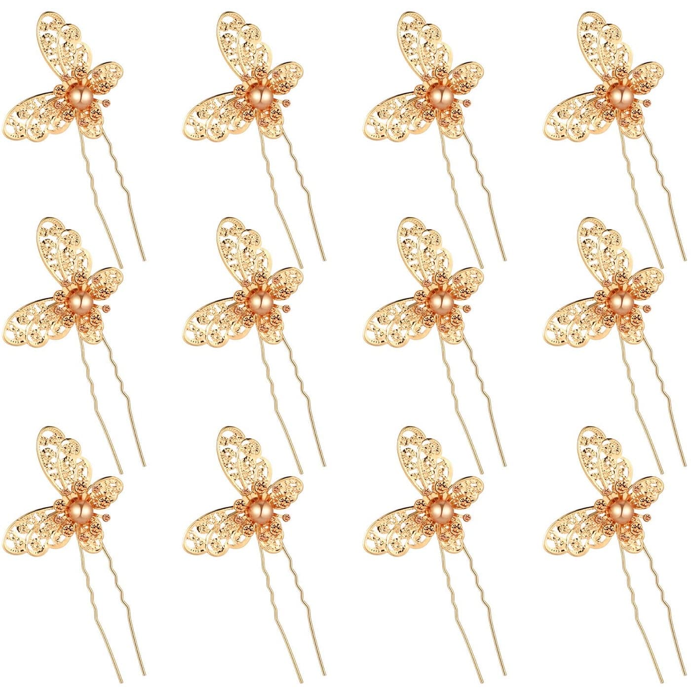 12 Pieces Butterfly Hair Pin Butterfly Hair Clips Crystal Pearl Hair Clips Bridal Wedding Hair Pins Bride Headwear Hair Accessories for WomenNovel Gold Style