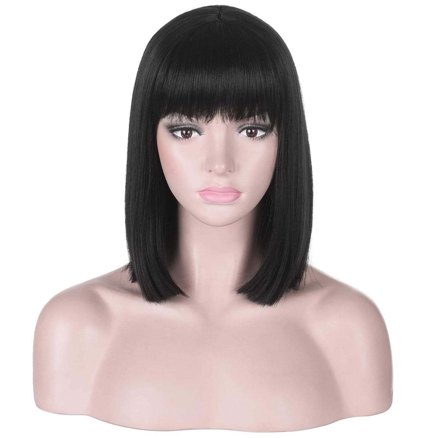 Short Straight Black Bob Wig with Bangs for Women Natural Heat Resistant Synthetic Hair Wigs
