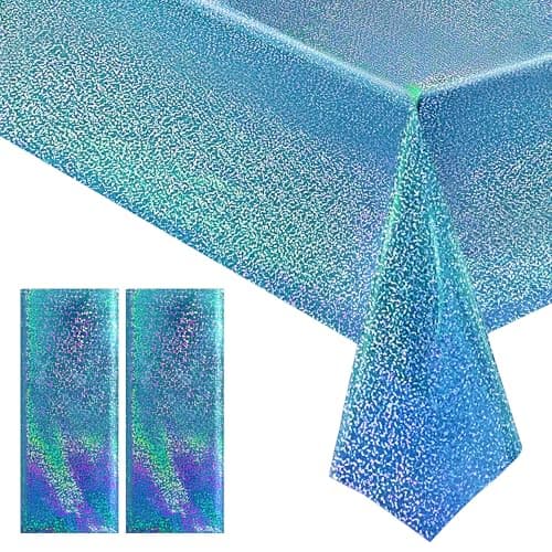 Light Blue Holographic Tablecloth 40" x 108" Hot Pink Party Decoration Valentine's Day & Birthday Table Decor Iridescent Plastic Table Cloth For Baby Showers & Bachelorette Parties