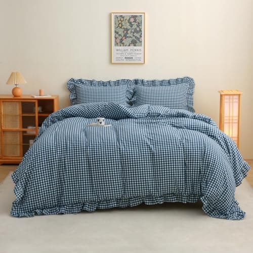 Silnuo Navy Blue/White Plaid Ruffle 3-Piece Duvet Cover Set Queen Size,Washed Cotton Shabby Gingham Checkered Bedding Set Vintage Comforter Set