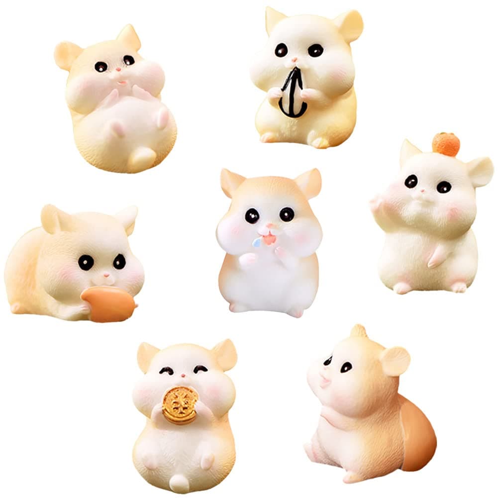 MAOMIA 7pcs Mini Hamster Figures Animal Toy Cake Toppers Fairy Garden Decor Miniature Hamster Figurines Collection Playset for Christmas Birthday Gift Cake Decorations