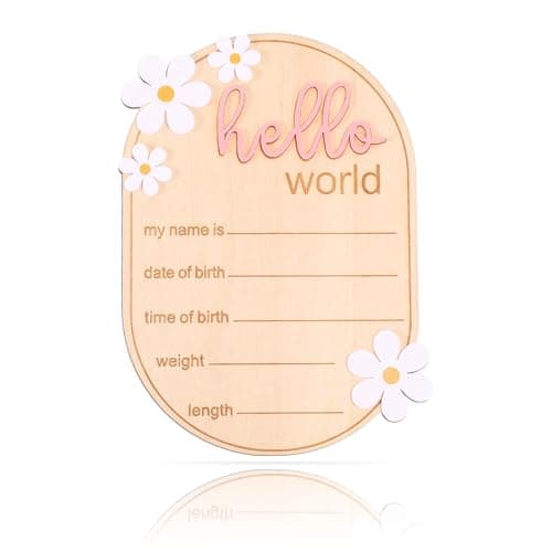 Baby Announcement Sign, Wooden Hello World Newborn Welcome Sign Personalized Birth Announcement Board for Baby Name Gender Neutral Nursery & Hospital Photo Props Keepsake Gift (Pink Letter)