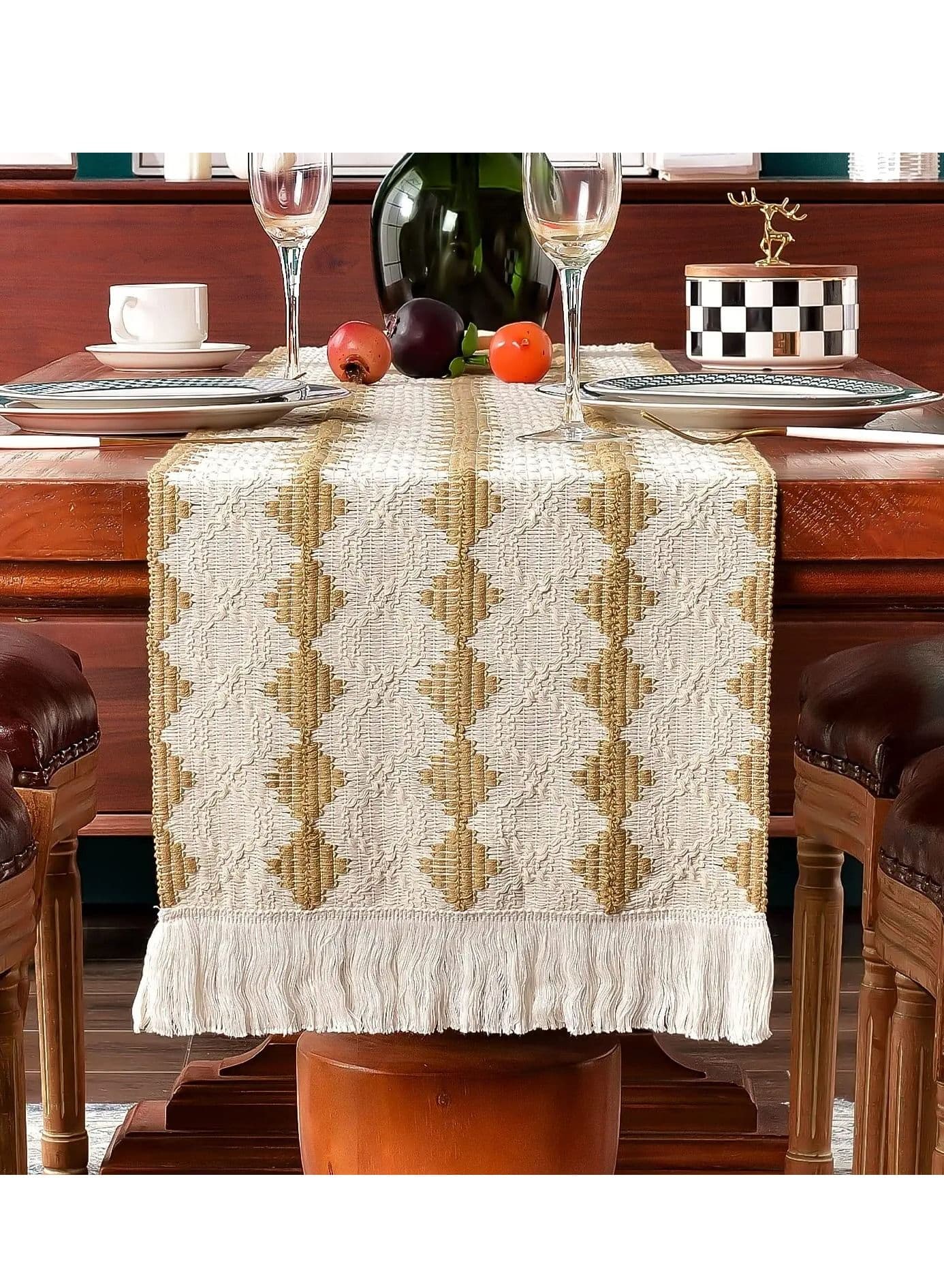 Table Runners 90 inches Long, Macrame Runner Farmhouse Style, Splicing Bohemian Rustic with Tassels for Home, Wedding and Party, Home Decoration Kitchen(13*90 inches)