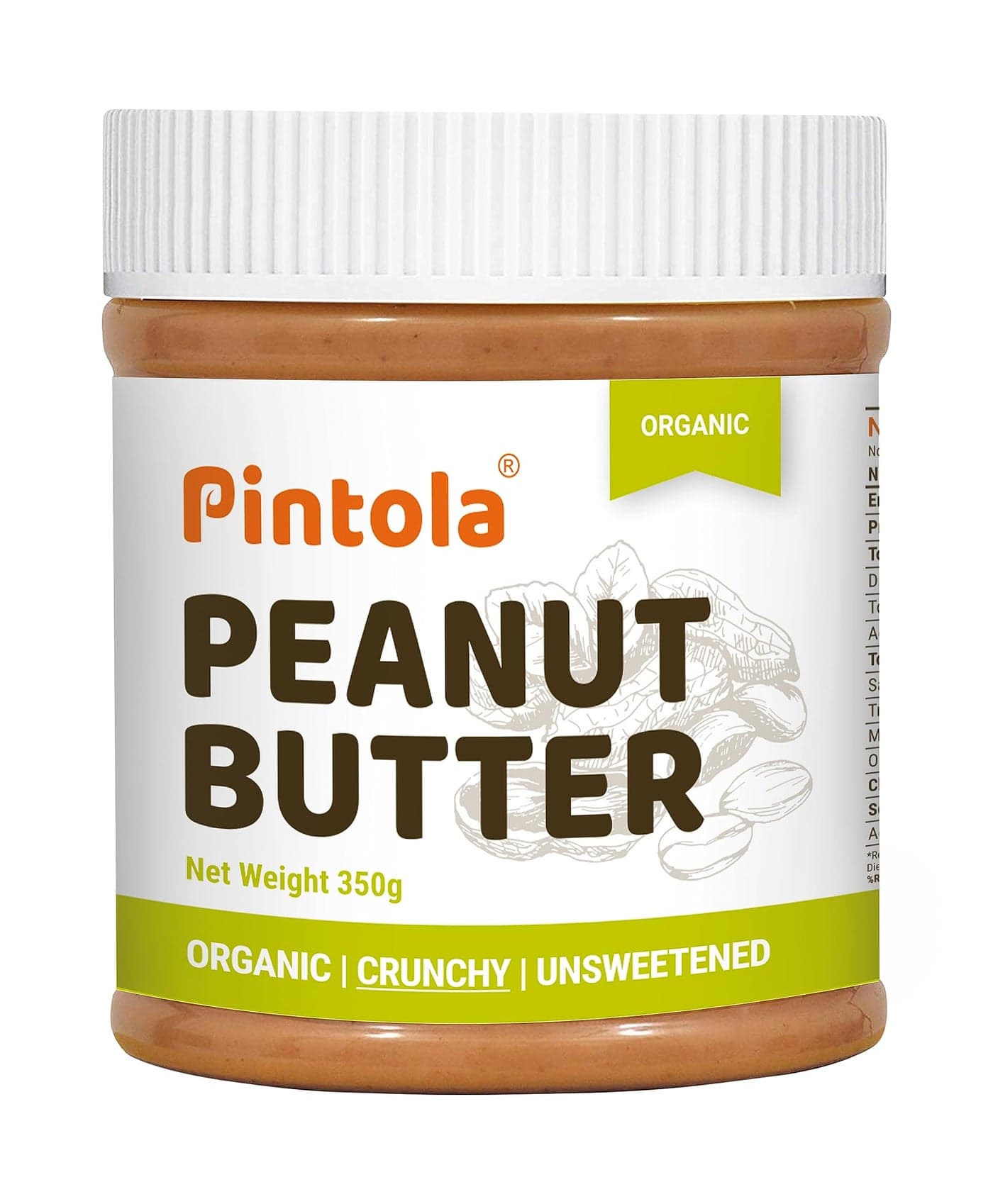 Pintola Organic Unsweetened Peanut Butter Crunchy 350g - High Protein 30g & 9g Dietary Fiber, Made with Organic Peanuts, No Added Sugar, No Preservatives