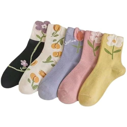 CazDopaM Cute Cotton Socks for Women and Girls, 5 Pairs Socks for Sports and Daily Wear Vintage Socks Floral Crew Socks (5-pairs,Cotton)