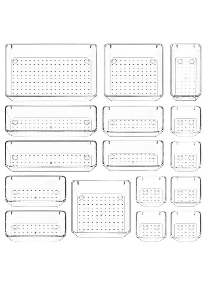 16 Pcs Desk Drawer Organizers Trays Set Clear Plastic Storage Bins Bathroom Tray Dividers Vanity Organizer for Bedroom Dresser Makeup Kitchen Utensil Office