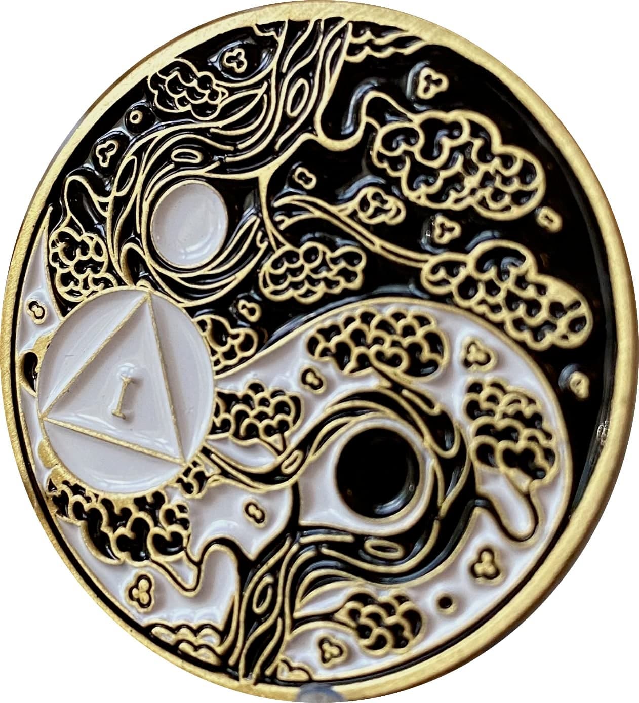 1 Year AA Medallion Sakura Tree Cherry Blossom Ying Yang Black and White Serenity Prayer Medallion