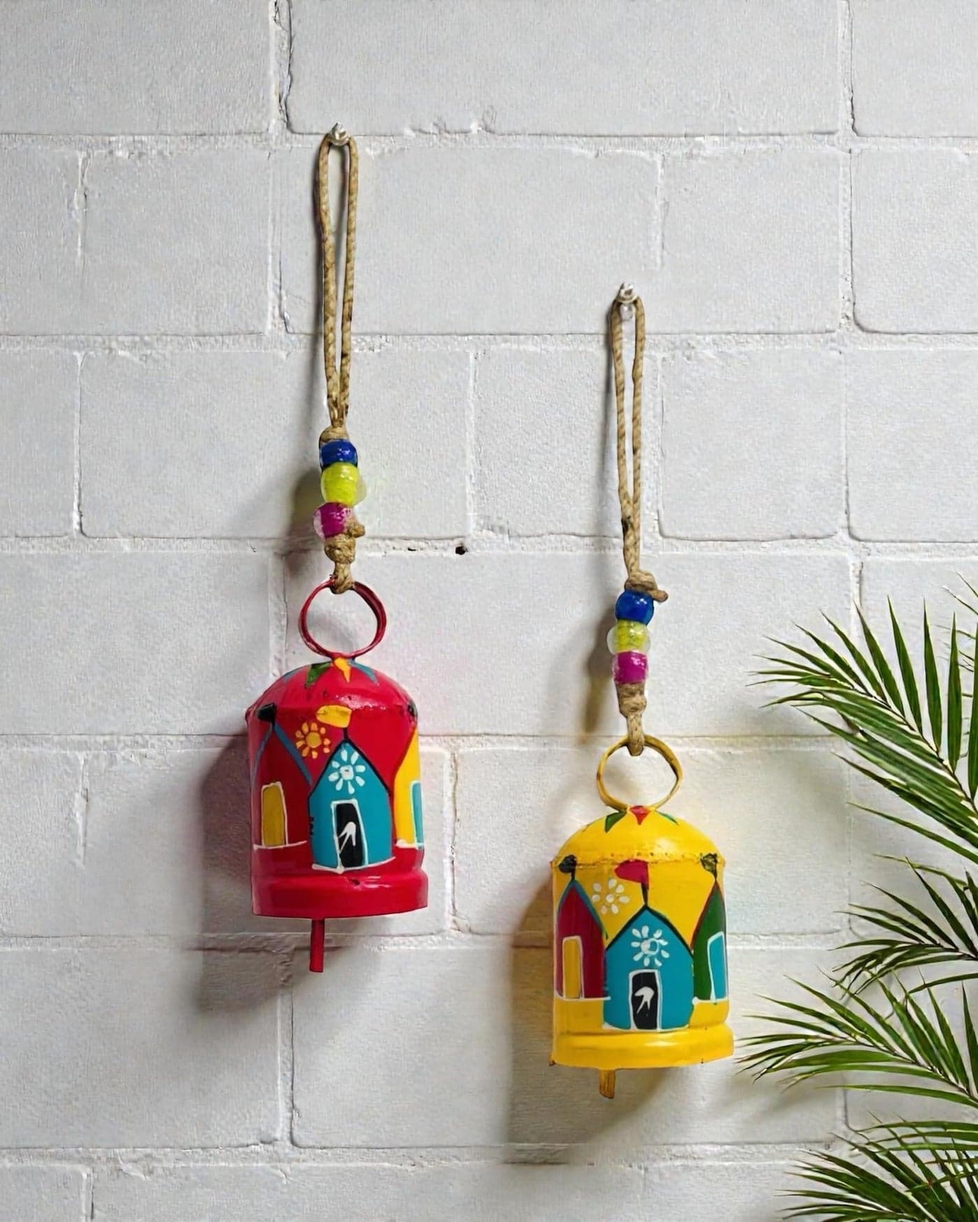 WARMINGO DE 2 Pc Metal Hand-Painted Round Turkish Bell Wind Chime for Home Decor & Gifting | Hanging Bell for Living Room, Balcony & Garden Tree Decoration (Pink & Yellow)