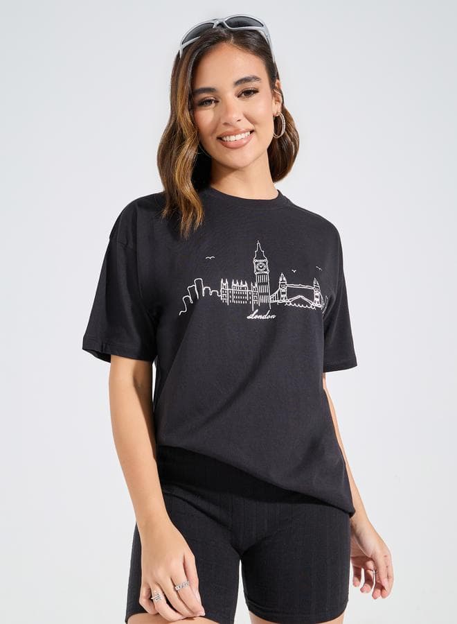 Oversized Foil Print Round Neck T-Shirt