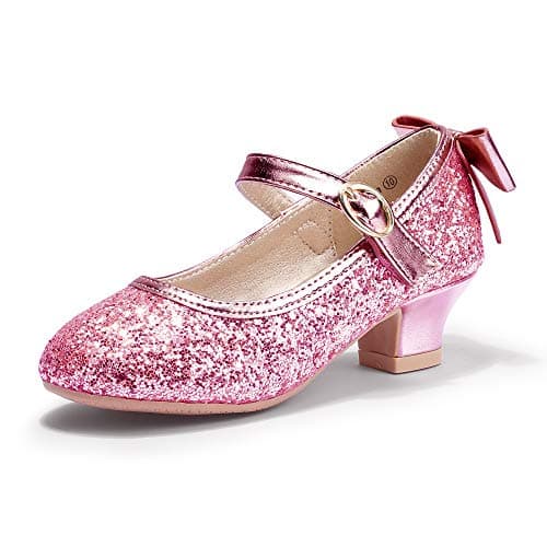 PANDANINJIA Girls Toddler/Little Kid Jada Dress Mary Jane Pumps with Heels Bow Party Wedding Princess Shoes (Pink Sequin, 7 M US Toddler)