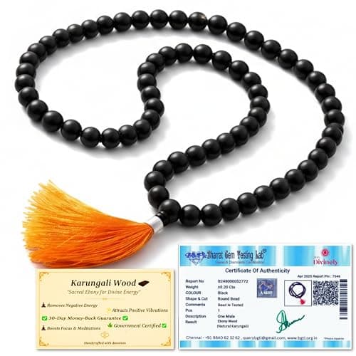 Divinely 100% Natural Unpolished Karungali Malai Original 6mm | Certified Elastic Thread Karungali Mala Original | Black Ebony Wood Necklace for Spiritual Growth & Meditation