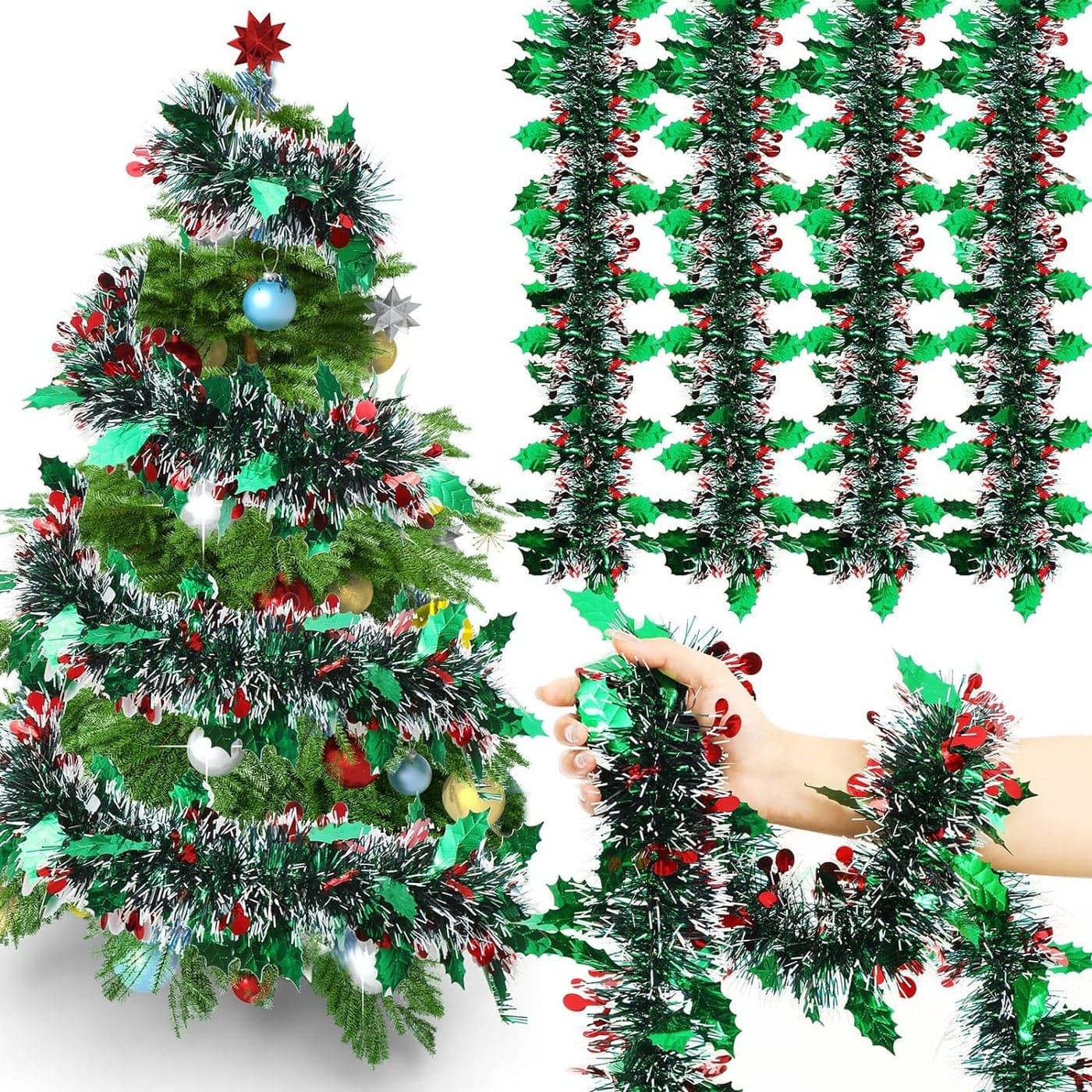 Partunay Set of 3 Snow Frost Green Shiny Red Berries Tinsel Garland Streamers Xmas Christmas Garland for Christmas Xmas Newyear Decoration Item