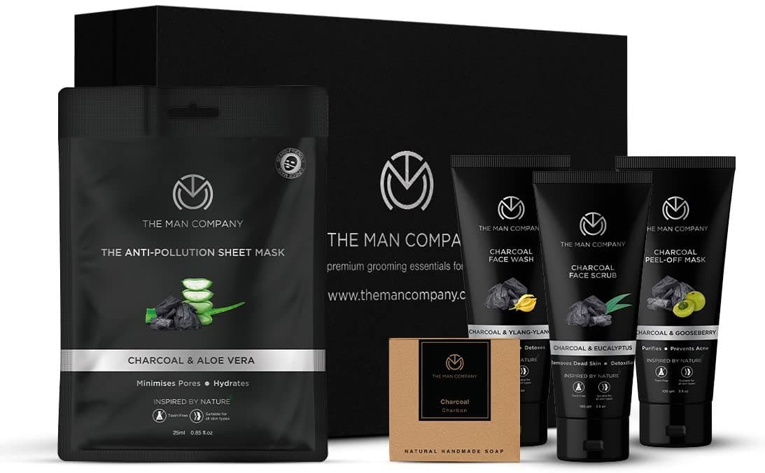 The Man Company De Tan Charcoal Facial Kit for Men with Face Wash Face Scrub Peel Off Mask Sheet Mask Soap for Whitehead Blackhead Removal Deep Skin Cleansing Oil Control Best Gift Set