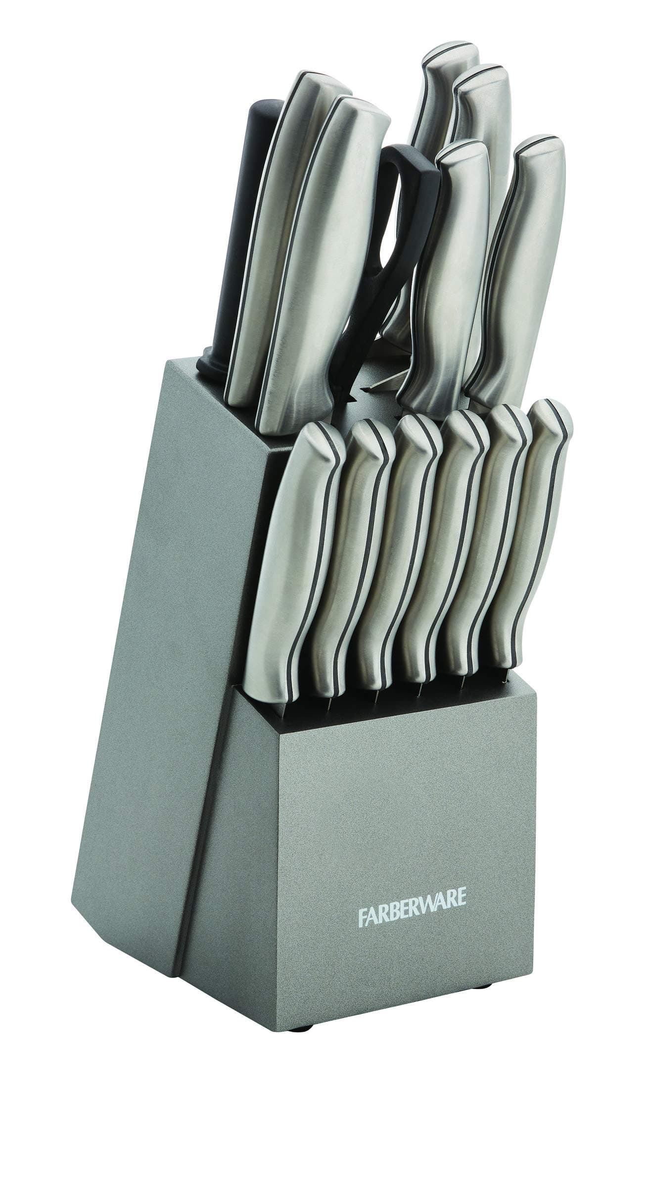 Farberware 15Piece Stamped Stainless Steel Knife Block Set HighCarbon Stainless Steel Kitchen Knife Set with Ergonomic Handles RazorSharp Knives with Wood Block 15Piece Set Graphite