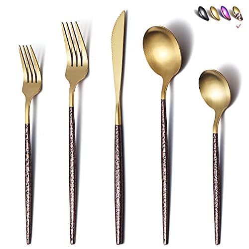 Silverware 20 Pieces, Moon Surface Handle and Matte Gold Head Flatware, Stainless Steel Cutlery Set, Utensils, Service for 4