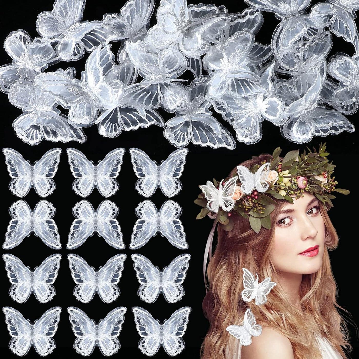 30 Pieces Butterfly Lace Trims Organza Decorative Patches Embroidered Butterfly Embellishments for DIY Crafts Bridal Headdress Hair Accessories White
