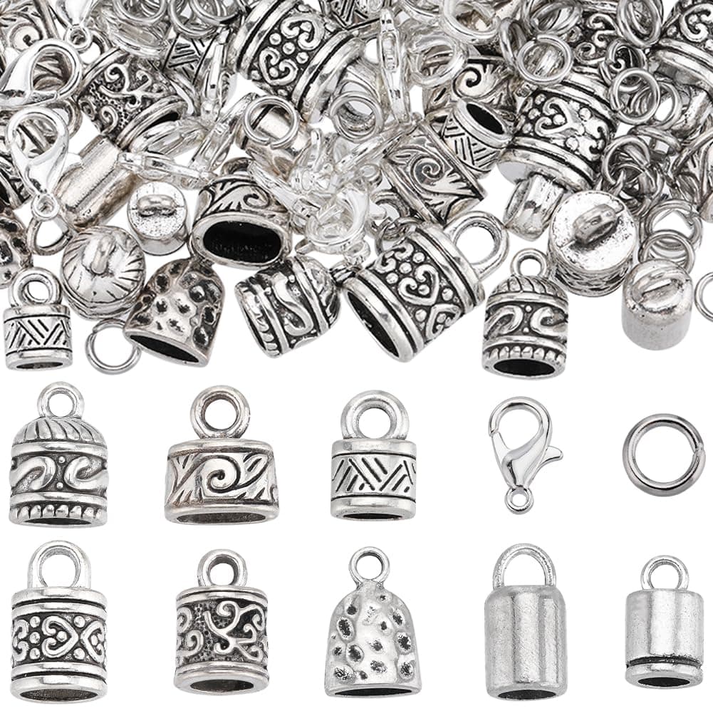 SUNNYCLUE 1 Box 230Pcs Cord End Caps Tibetan Antique Silver Leather Kumihimo Bracelets Supplies Glue in Crimp Tube Barrel End Tip Lobster Clasps Jump Rings Cord Terminator for Jewelry Making Kit