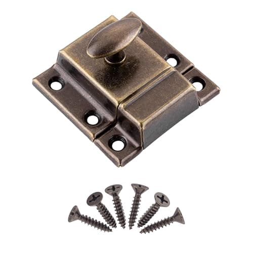 Small Stamped Antique Brass Cabinet Door Latch - 1 7/8" × 1 7/8" - Spring Loaded Cupboard Door Latch with Oval Turn - Vintage Cabinet Hardware | UA-141-LAB (1)
