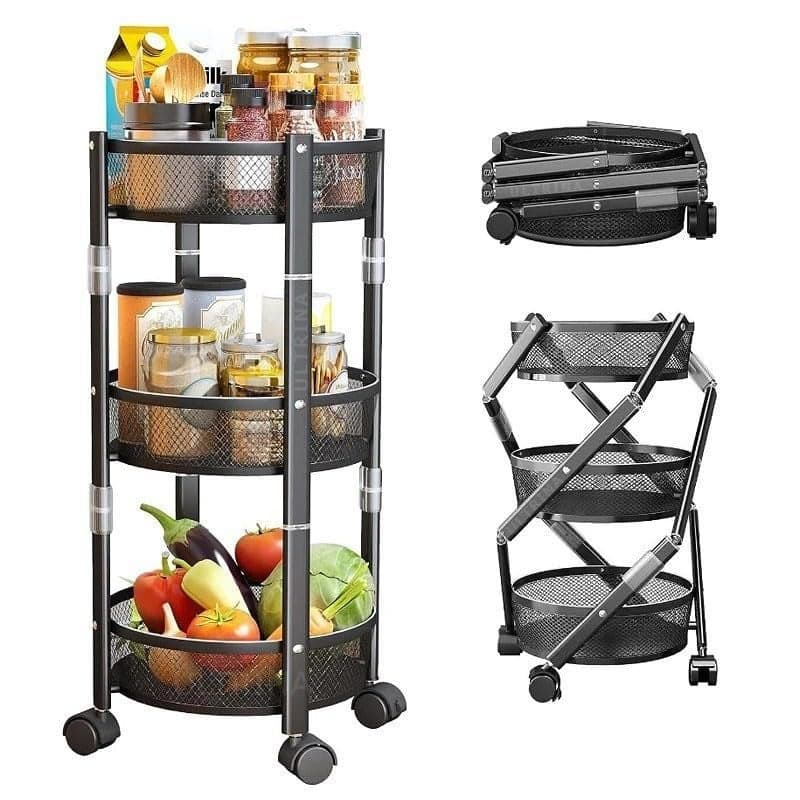 ULTRINA 3Tier Metal Storage Rolling Cart Collapsible Utility Cart Multifunction Serving Organizer Trolley with Lockable Wheels for Kitchen Living Room Bathroom