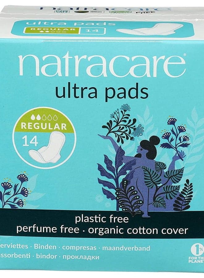 Natracare Slim Fitting Ultra Pads with Wings, Regular, Made with Certified Organic Cotton, Ecologically Certified Cellulose Pulp and Plant Starch (1 Pack, 14 Pads Total)…