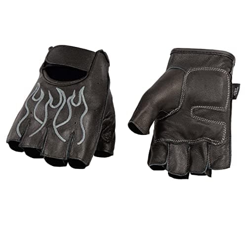 SH198 Mens Black and Grey Leather Flamed Embroidered Fingerless Gloves XLarge