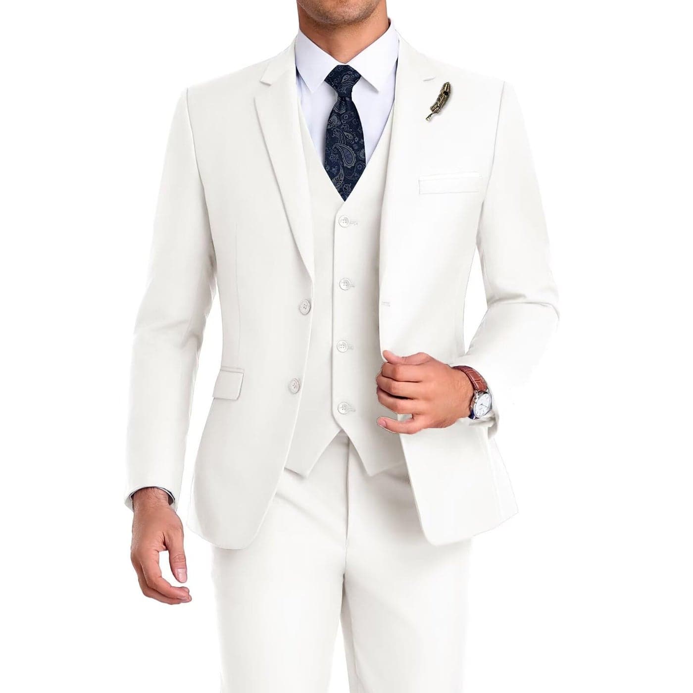 Mrbuerly Wedding Suits for Men 3 Pieces Formal Ivory Tuxedos 2 Button Groomsmen Prom Slim Fit Suit with TieM4034