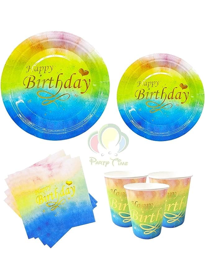 TIME 24 Pieces Disposable Party Tableware Set - Supply Serves 6 Guest - Gold and Rainbow Paper Plates Napkins and Cups Sets for Wedding Family Gathering Parties