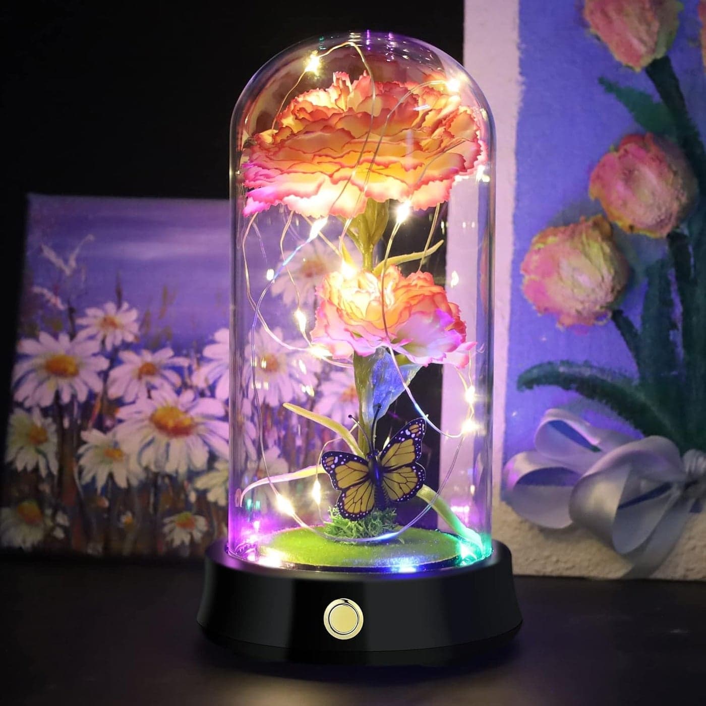QUELIEN Mothers Day Carnation Flowers Gifts for MomPink Artificial Carnation in Glass Dome with Led Light for Mothers DayBirthdayChristmas PinkWhite