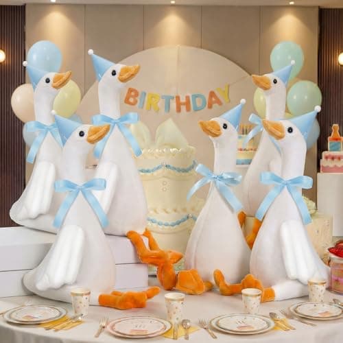 Blueweenly 6 Sets One Silly Goose Party Favor 118 Inch Plush Stuffed Animal Adopt a Goose Party Favor with Mini Hat Ribbon for Girl Boy Baby Shower 1st Birthday Decoration GiftBlueSilly Style