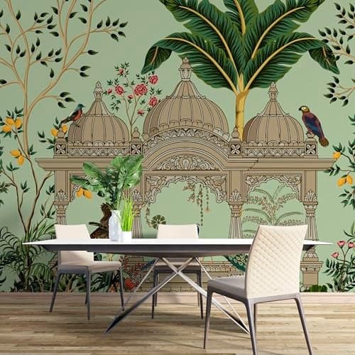 Livin'luxe Tropical Paradise Wall Mural, Indian Palace Arch with Peacocks and Birds, Green Botanical Wallpaper (4 feet x 3 feet, self adhesive Vinyl) WPVL-140-4x3