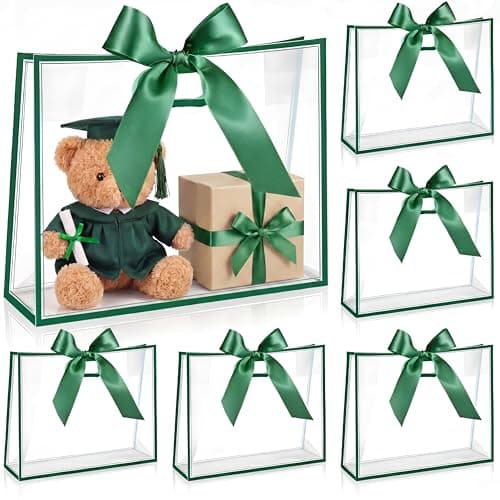 Aliceset 12 Pcs Clear Plastic Gift Bags with Die Cut Handles Reusable Party Favor Bags with Ribbon for Fathers Day Wedding Graduation Bridal Shower Baby Shower 12 x 10 x 5Green