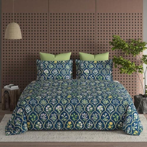 DECOMIZER XL Microfiber Soft Cotton Queen Bedsheet for Double Bed, Queen Size 90 Inches X 100 Inches, 230 X 250 cm with 2 Large Size Pillow Covers Without Joint - Navy Jaipuri