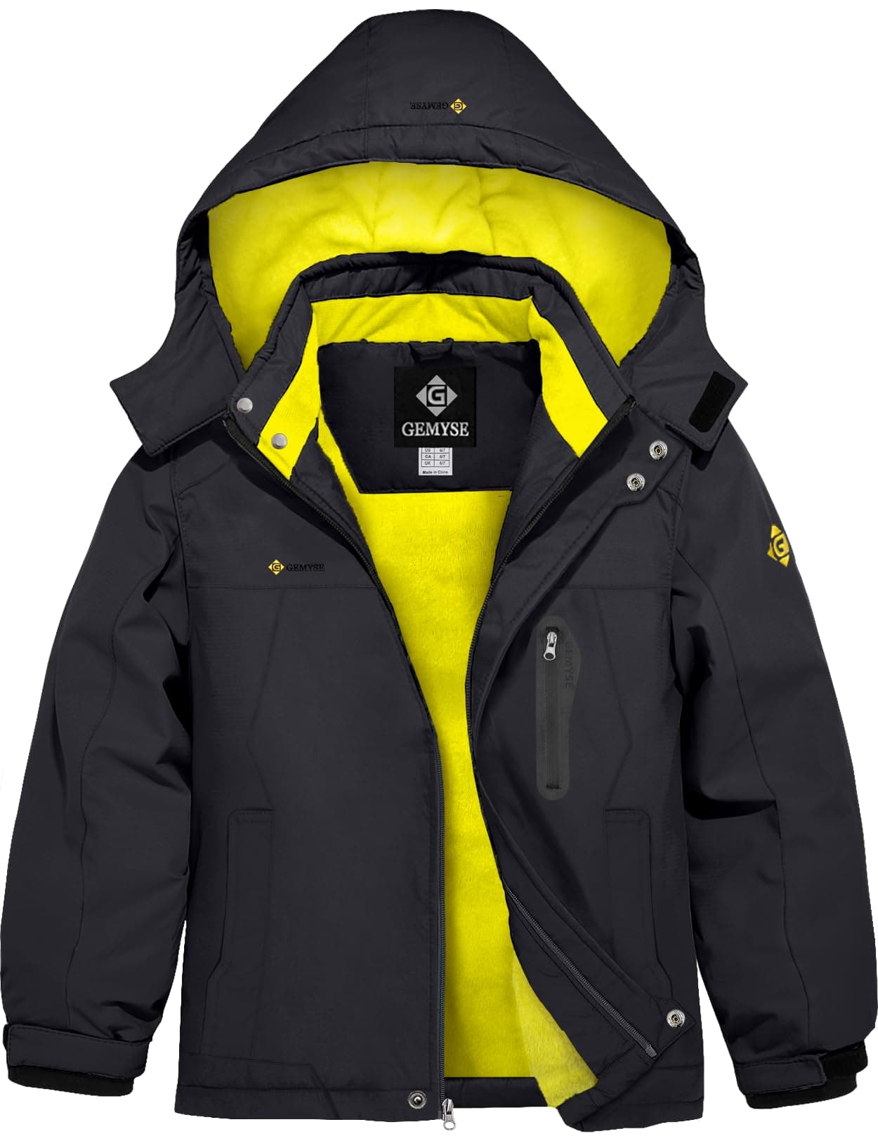 GEMYSE Boy's Waterproof Ski Snow Jacket Hooded Fleece Windproof Winter Jacket(Black & Sunburst Yellow,6/7)