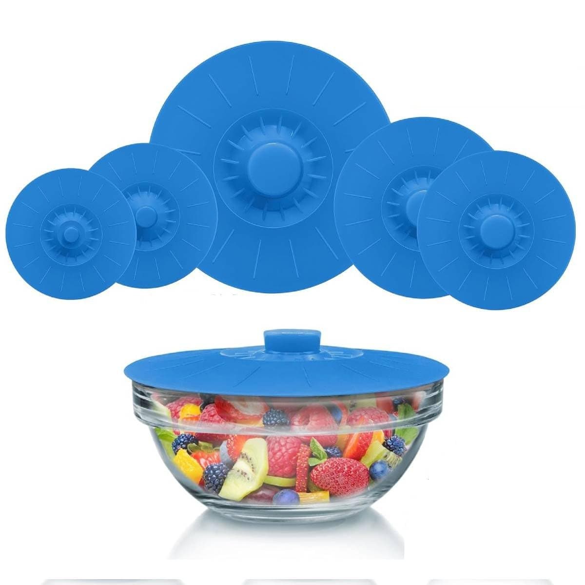 HASTHIP Silicone Bowl Lids 5 Sizes Silicone Lids for Food and Bowl Covers Silicone Covers for Food Safe Silicone Bowl Covers Silicone Food Covers Silicone Pot Cover Microwave Cover Blue