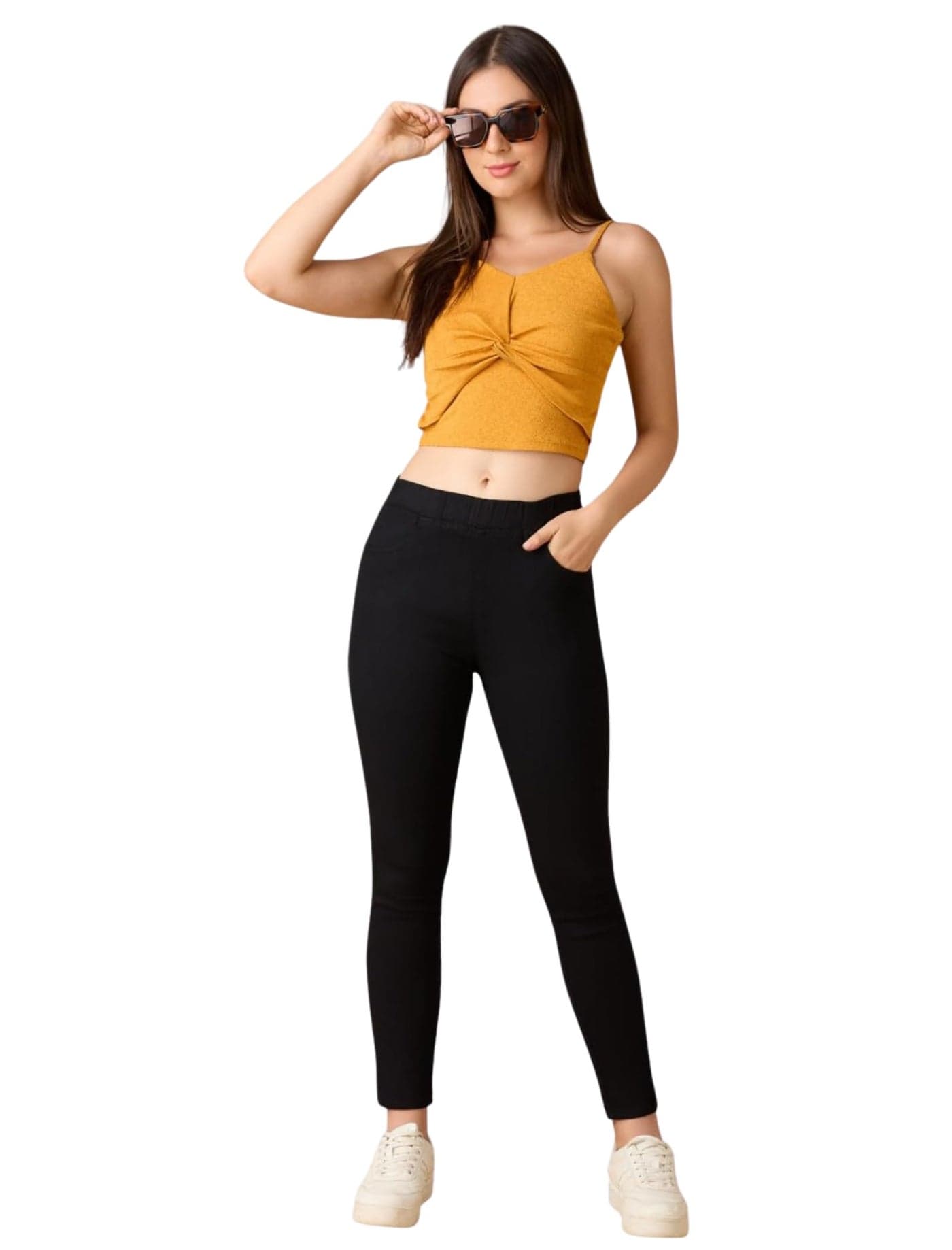 4FLIES Women’s High Waist Jeggings | Super Combed Slim Fit Ankle-Length Pants with Elastic Waistband | Comfortable Denim Look Leggings for Casual, Travel & Office Wear-FPBLK-4XL-40