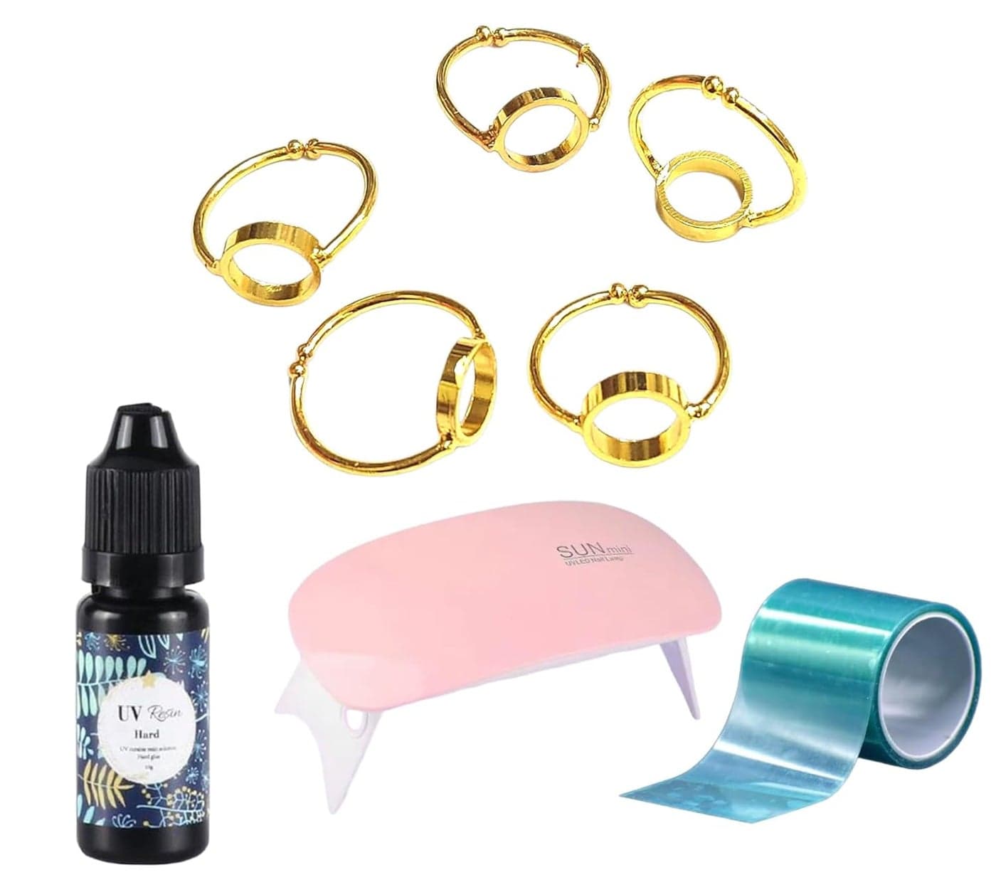 IRIKA Pack of 5 Round Shape Finger Ring Bezels UV Tape 6W UV Lamp 10g UV Resin Gold DIY Resin Jewelry Kit