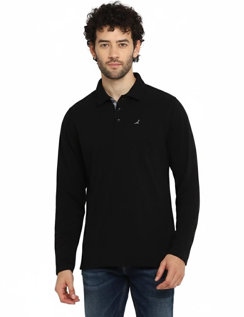 AMERICAN CREW Full Sleeves Polo Collar T-Shirt with Pocket for Men (AC883-M_Black)