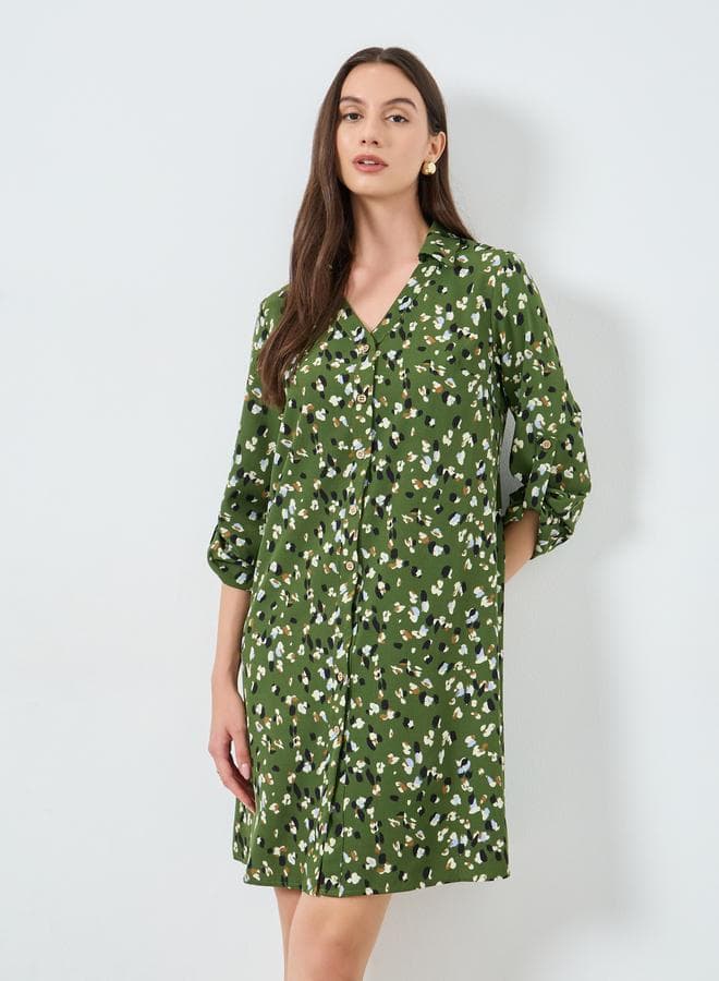 Khaki Graphic Print Knee-Length Shirt Dress