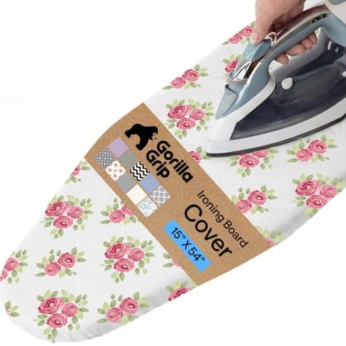 GORILLA GRIP The Original Ironing Board Cover and Pad Silicone Coating 400F Scorch Resistant Thick Padding Heavy Duty Iron Covers Standard Boards Hook and Loop Fastener Strap Pink Floral 15x54